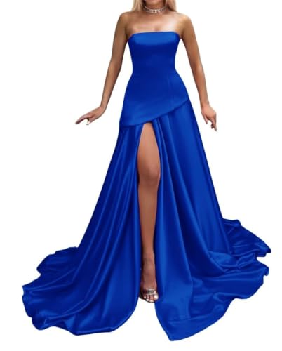 Robe de bal bustier en satin bleu marine avec fente pour sublimer votre silhouette