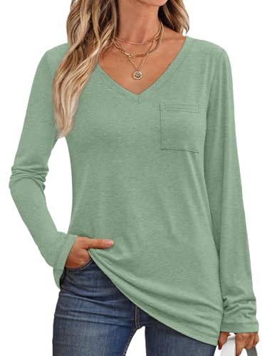 Automet Womens Long Sleeve Tops V Neck Shirts Casual With Pockets Cotton Loose Dressy Basic Fall Outfits Clothes Winter Trendy 2024 Lightgreen M