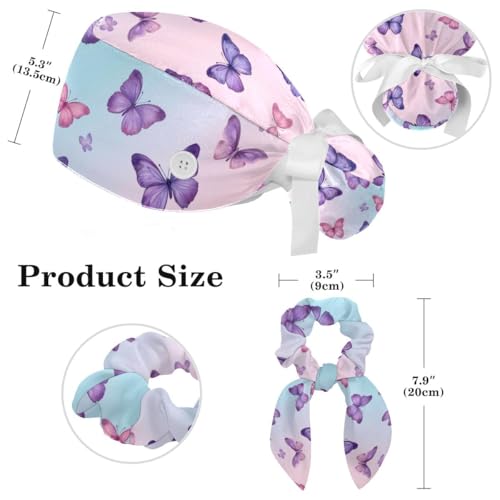 Image of Butterfly Scrub Cap Women with Ponytail & Buttons Adjustable Surgical Nurse Hat with Cotton Sweatband for Long Hair
