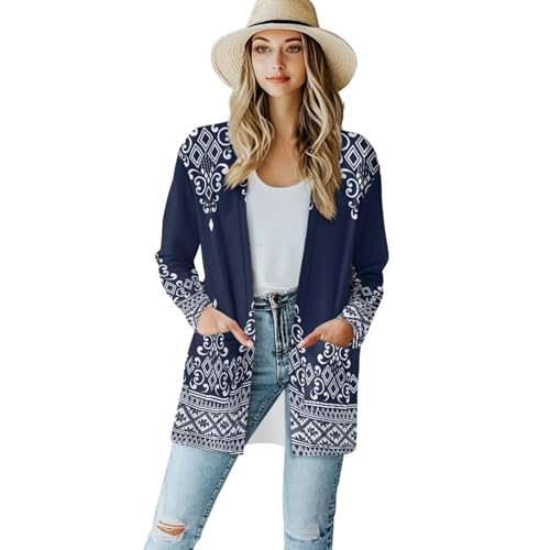 Image of Women's Aztec Open-Front Jacket Lightweight Casual Outerwear Native Western Aztec Pattern & Plaid Houndstooth Print