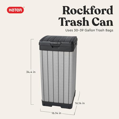 Keter Rockford Resin 38 Gallon Trash Can with Lid and Drip Tray for Easy Cleaning-Perfect for Patios, Kitchens, and Outdoor Entertaining, Grey