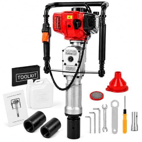 POIOKLJRE 52CC Gas Powered T Post Driver 1900W Air-Cooled Petrol Piledriver w/Shock Absorption & 2 Socket Sizes (55/70mm) for Fencing & Solar (Black Red Grey 52CC Gas Powered T Post Driver)