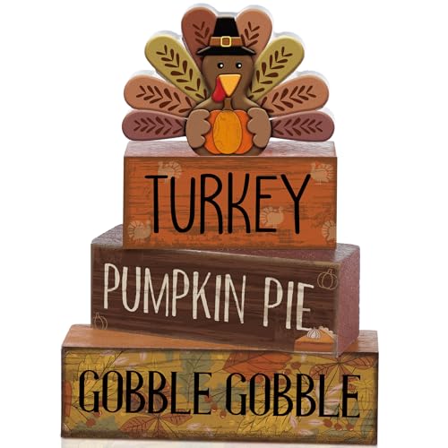 Lineshading 4 Pcs Thanksgiving Decorations for Home Wooden Turkey Decor Fall Tiered Tray Decor Thanksgiving Table Centerpiece Rustic Wooden Turkey Block Sign for Autumn Harvest Party Kitchen Shelf