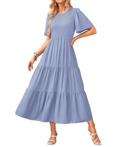 Image of KIRUNDO Summer Dresses for Women 2026 Spring Casual Flutter Short Sleeve Wedding Guest Smocked Flowy Tiered Aline Midi Dress