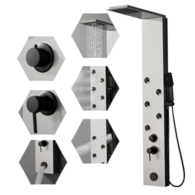 BWE Stainless Steel Shower Panel Tower System 5 Jets Multi-Function Shower Tower Black Panel with Handheld Wand Wall Mount Shower and bathtub outlet Brushed Nickel and Black