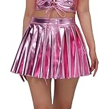 Moda para mujer: falda plisada iridiscente de color liso para escenario, discoteca, cintura alta, moldeadora de figura, falda corta, Rosa., XL