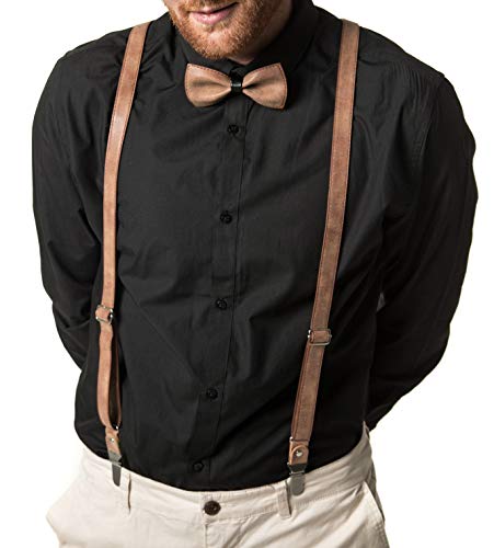 Mio Marino adjustable KLOOPE Leather Suspenders for Men - Fashion Y Back Bowtie Suspender Set - Chestnut - 48