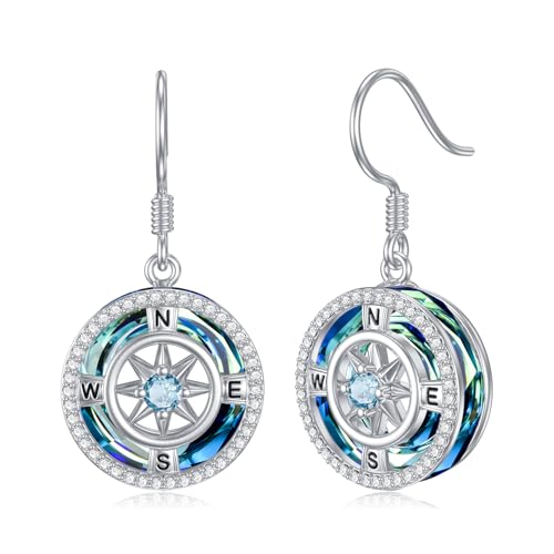 OCJ Pendientes de plata de ley con piedra natal para mujer, diseño de brújula, con cristal, para el día de San Valentín, aniversario, cumpleaños, Navidad, regalos para su esposa, novia, talla única,