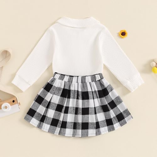 Image of BeQeuewll Toddler Girl Fall Winter Clothes Set Long Sleeve Ribbed Knit Shirt Plaid Tutu Skirt Kids Girls Dress 1T 2T 3T 4T 5T (White, 3-4T)