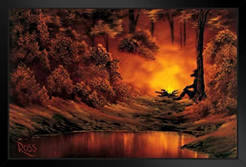Bob Ross Campfire Art Print Canvas Painting Bob Ross Poster Bob Ross Collection Bob Art Paintings Happy Accidents Bob Ross Print Decor Mountains Painting Black Wood Framed Art Poster 14X20 #TOP19