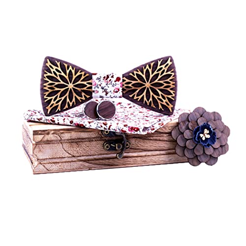 HZQIFEI Noeud Papillon en Bois, Ensemble 4 Pièces + Boutons de manchette + Carré de Poche + Broche, pour Mariage Soirée Business (Style#12)