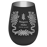 Trauer Windlicht aus Glas mit Kreuz & Rosen Motiv – Gravur mit Name, Daten & Wunschzeile – Erinnerung, Gedenklicht für Verstorbene, Grablicht, Schwarz/Silber