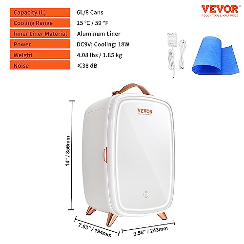 Vevor Mini Fridge For Bedroom, 6L Luxury Skin Care Fridges With Mirror And Led Light, Ac/Dc Cosmetic Fridge For Office Dorm Car, Small Makeup Refrigerator For Beauty Face Mask Beverage Chill, White #TOP6