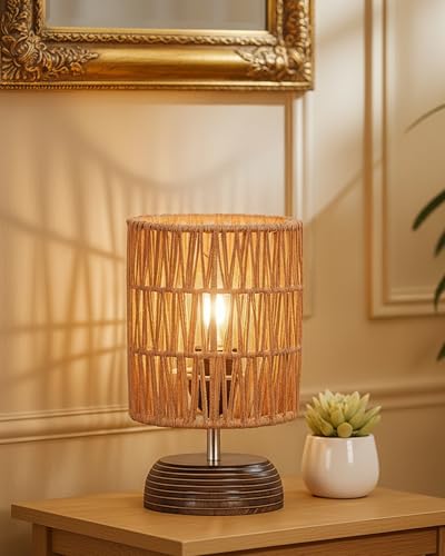 Image of Homesake Natural Weave Rope Table Lamp | Handcrafted Boho Bedside Light with Wooden Base | Warm Ambient Home Decor, Livra Collection, Lighting & Office Decor Light