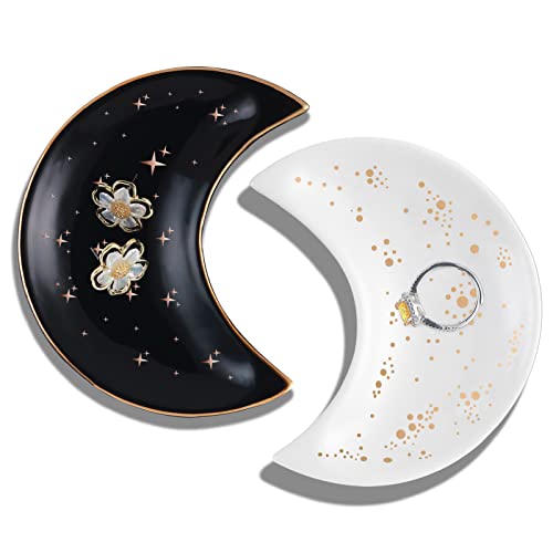 Titanape 2 pièces Coupelle à bibelots Lune Plat à bijoux, Porte-bague en céramique Rangement colliers bracelets, Bol à clés Plateau décoratif maison Décoration chambre, Cadeaux pour femmes, amie, sœur