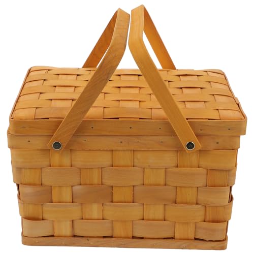 HANABASS Woodchip Picnic Basket Natural Hand Woven Storage Basket Fruit Holder Egg Candy Wicker Easter Basket with Folding Handles for Kids Toy Wedding Flower