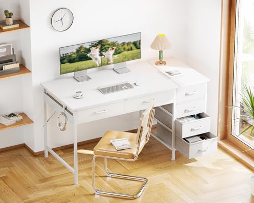 Coleshome Schreibtisch mit 6 Schubladen, 120 x 48 cm Schreibtisch Weiß mit Stauraum, Umkehrbarer Kleiner Tisch mit Kopfhörerhaken für Home Office