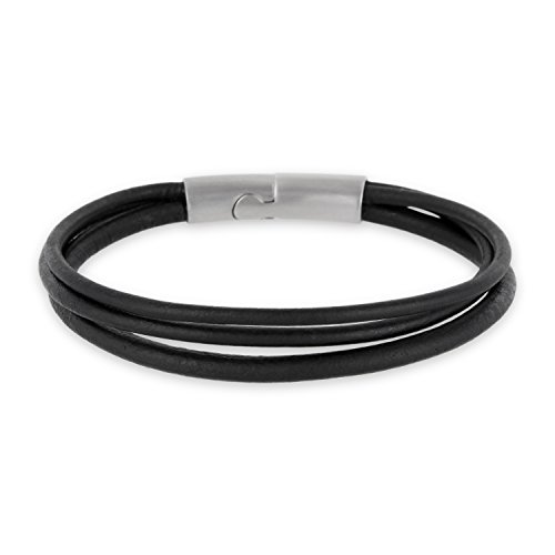 Auroris 3-Strang Echtleder-Armband Magnetverschluss aus Edelstahl mit matt-Optik - schwarz/Länge 18 cm