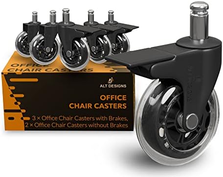 ALT DESIGNS Office Chair Wheels Replacement Rubber Chair casters (Set of 5) - Heavy-Duty Caster Wheels for Office Chair - for Hardwood Floors & Carpet