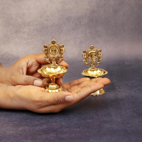 Image of EAC Pure Brass Shanku Chakra Diya, Shanku Chakra Deepalu for Home Temple Office Decor & Diwali Gifting (4.5 inch, Set of 2)