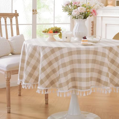 Laolitou Beige Spring Checkered 60" Round Tablecloth (Fits 30-48" Table) Washable Buffalo Plaid Table Cloth with Tassel Cotton Linen Gingham Table Cover for Dining Room, Beige, Round
