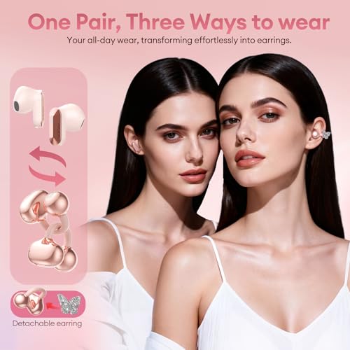 Image of PAXA 3 in 1 Ctbuds Stylish Jewelry-Style Clip on Open Ear Headphones Wireless Earbuds, Instant Earring Mode, Ultra-Long 140H Play, Bluetooth 6.0, All-Day Wear for Work Fitness Daily Use, Rose Gold