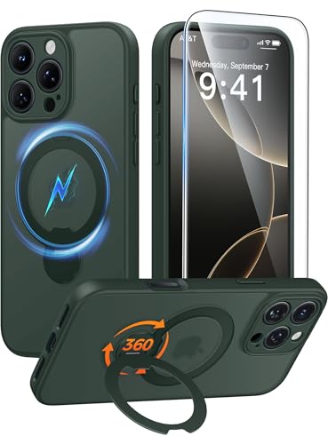Image of FNTCASE for iPhone 16 Pro-Max Case: [360 Spin Magnetic Stand] [Compatible with Magsafe] [Screen Protector] Translucent Matte Military Grade Shockproof Full Camera Protective Phone Cover - Green