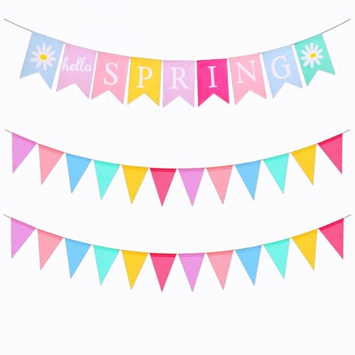 REXLYE Hello Spring Banner 33Pcs Pre-assembled Felt Spring Decorations for Classroom Office Decor
