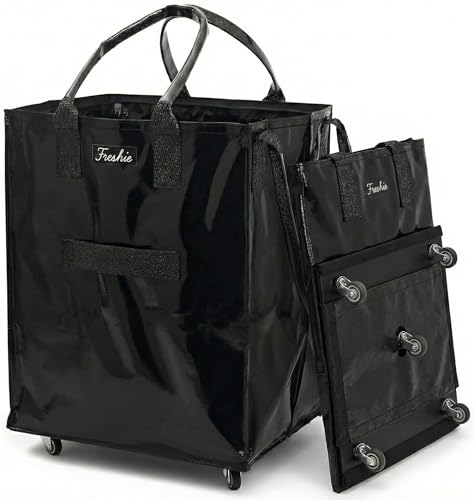 FRESHIE Reusable Grocery Bag On Wheels, Shopping Trolley, Rolling Tote, Zipper Closure, Lightweight, Carries Up to 66 lb, Folds Flat, Unbreakable Handles (Large, Black)
