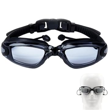 Occhialini da Nuoto Anti-Appannamento Anti-leak Adulti, Occhialini Piscina con Cinghia Regolabile Silicone, Protezione Swimming Goggles con Tappi per Orecchie per Uomo Donna Giovani, Nero, 1 Pezzo