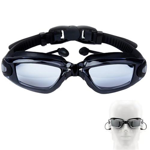 Occhialini da Nuoto Anti-Appannamento Anti-leak Adulti, Occhialini Piscina con Cinghia Regolabile Silicone, Protezione Swimming Goggles con Tappi per Orecchie per Uomo Donna Giovani, Nero, 1 Pezzo