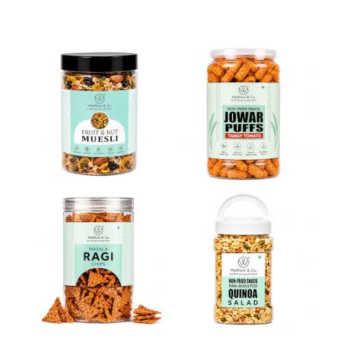 Image of WellNuts & Co. Healthy Snack Combo Pack of 4 |Fruit Nut Meusli - 200g, Jowar Puffs Tangy Tomato - 200g, Masala Ragi Chips - 150g, Quinoa Salad - 325g| Roasted & Ready to Eat Snacks | High Protein & High Fiber Combo | Snacks for Healthy Everyday
