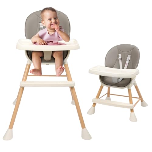 Image of 6-in-1 Baby High Chair, Convertible High Chairs for Babies and Toddlers, Infant Feeding Highchair with Cushion, 5-Point Harness, Footrest, Removable Tray, and Adjustable Legs, Light Grey