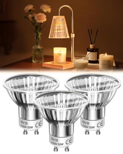 Funistree 3 Pack Candle Warmers Lamp Bulbs, Warm White 40° Beam Angle 2 Pin GU10 Bulb 230V 50W Halogen Bulbs Dimmable, Spotlight Bulbs 450lm 2800K 3000+Hours Long-Lasting