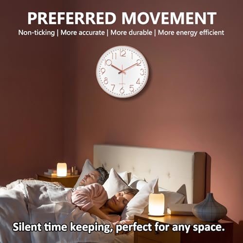 Image of Wall Clock, Silent Wall Clocks Battery Operated 10 Inch- Modern Non Ticking Analog Clock with Large Numerals Tempered Glass Clocks for Bedroom, Living Room, Kitchen, Office Decor, Rose Gold