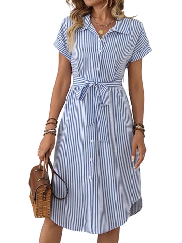 SweatyRocks Blusenkleid Damen Sommer Elegant Hemdblusenkleid Lang Gestreiftes Kleid Midikleid Mit Gürtel Strandkleider Sommer Business Outfits Blau...