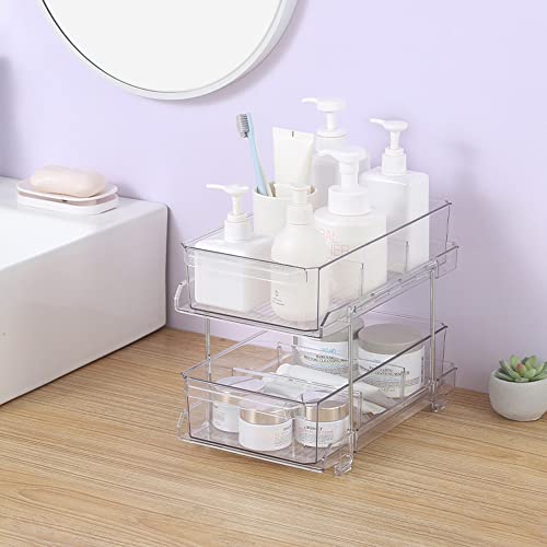 Multi-Purpose Clear Organizer with Dividers, 2 Tier Slide-Out Storage Container for Bathroom Vanity and Kitchens, Cabinet/Countertop Acrylic Drawers Medicine Bins