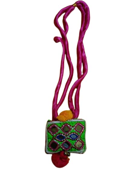 India Craft Art Handcrafted Embroidered Cotton Rani Pink, Green square with abla and tassel Necklace Jewellery for Navratri/Festive Season Women/Girls