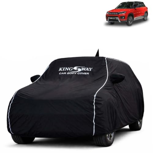Image of KINGSWAY Super Waterproof Car Cover Only with Maruti Suzuki Vitara Brezza (Year 2020 to 2022) | Mirror and Antenna Pockets | All Weather Car Body Cover with Silver Piping | Black