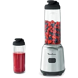 Batidora De Vaso Moulinex Perfect Mix Moulinex Mix & Move LM15FD - Batidora individual, batidora smoothie de 4 cuchillas con 2 recipientes portátiles de 600 ml, 1 velocidad, para zumos y smoothies, acero inoxidable