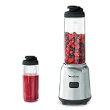 Moulinex Mix & Move LM15FD - Batidora individual, con potencia de 300 W, batidora smoothie de 4 cuchillas con 2 recipientes portátiles de 600 ml, 1 velocidad, para zumos y smoothies, acero inoxidable