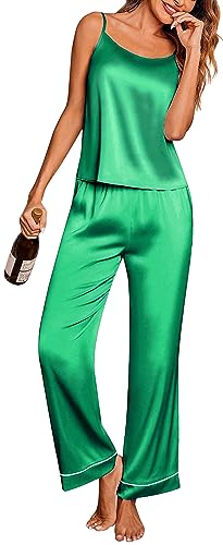 Image of Ekouaer Women Silk Satin Pajamas Sleeveless Pjs Set 2 Piece Summer Loungewear Sleepwear with Pockets S-XXL