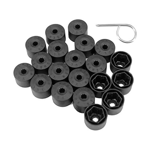 SUNDELY® Wheel Nut Bolt Lug Tire Screw Cover Cap (17mm) for Beetle Bora Golf MK4 Jetta Lupo Polo Passat Scirocco Skoda Tiguan Black Round Type Plastic Stylish (20Pcs Set) with Removal Tool Cover