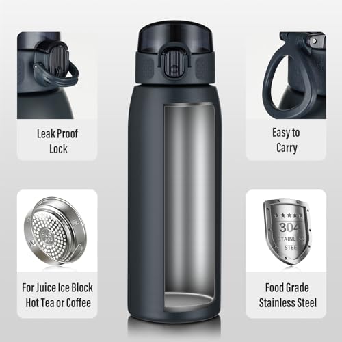 Image of Insulated Water Bottle 18 oz with Dustproof Lid, Carry Handle & Tea Infuser, BPA-Free & Leakproof, Stainless Steel Water Bottles Ideal for Fitness, Hiking, Office & Outdoor Use (Cold Gray)