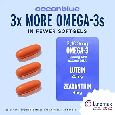 Oceanblue Omega-3 2100 with Lutein & Zeaxanthin Triple Strength EPA DHA Omega 3 Supplement Fish Oil for Eye, Brain & Heart Health Orange Flavor, 90 Softgels (30 Servings)