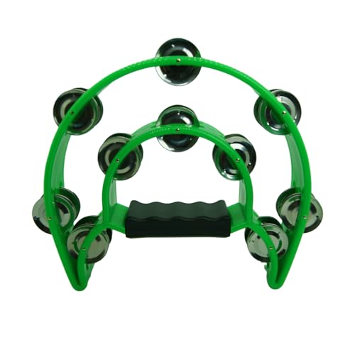 YAYUZEST Half Moon Musical Tambourine Double Row Metal Jingles Hand Held Percussion Tambourines Musical Instrumen with Ergonomic Handle Grip for Adults Church KTV Party (Green)