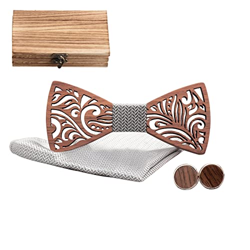 Mr.Van Pajarita de Madera Hecha a Mano, Tamaño Ajustable, Estilo Clásico, Caja de Madera (incluye Gemelos,Pañuelo y Pajarita) para bodas y negocios