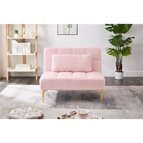 35.5" Convertible Single Sofa Chair, Small Futon Chair with Adjustable Backrest, Comfy Armless Accent Chair with Pillow, Modern Mini Couch Bed with Gold Metal Legs for Living Room, Bedroom, Pink Cover