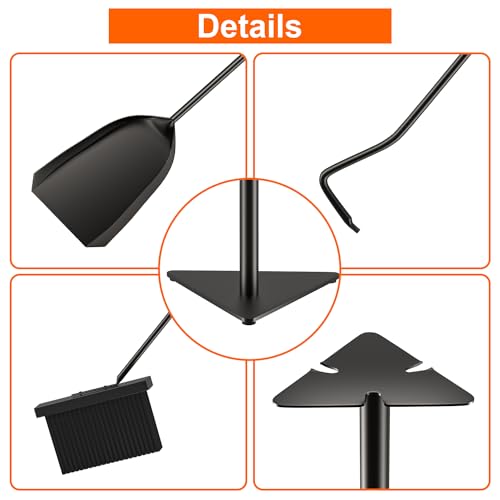 VODA Fireplace Tools Set, 4 Pcs 22.8 Inch Fireplace Tools Black Cast Iron Small Outdoor/Indoor Fireplace Accessories with Poker, Shovel, Broom, Fireplace Tool Stand - Thumbnail 3