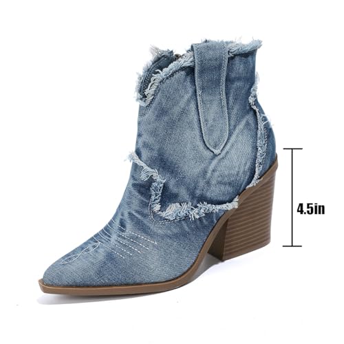 Women'S Denim Pointed Toe High Block Heel Western Boots Fashion Closed Toe Handmade Side Zipper Chunky Heels Booties Leisure Business Parties Ankle Boots3